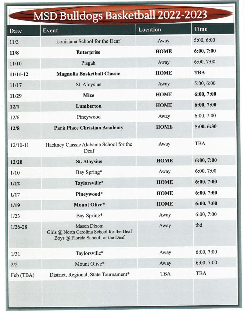 MSD Basketball Schedule